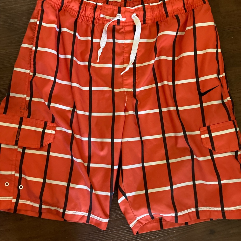 Nike Swim BoardShorts Mens L Orange Check Elastic Waist Drawstring Cargo Pockets